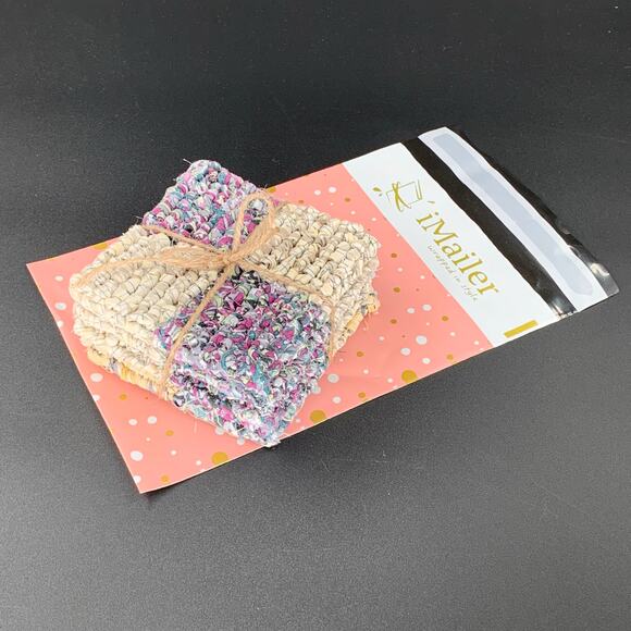 Drink Coaster Set Locker Hooking Handmade Yellow Purple Fabric Square Coasters - Picture 7 of 8